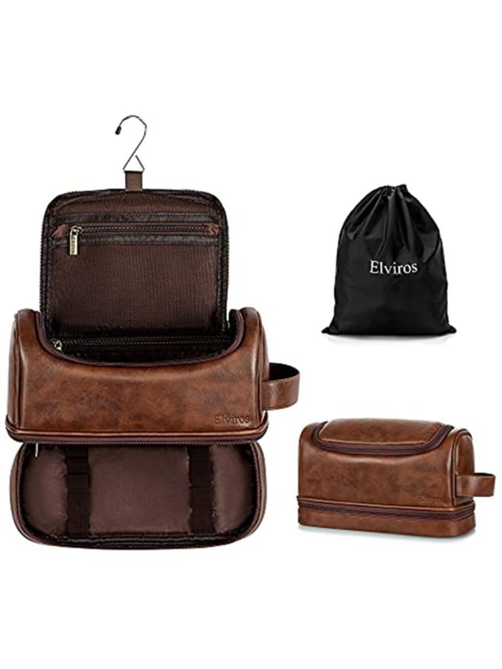 Mens Leather Hanging Toiletry Bag Large Travel Dopp Kit Shaving Organizer